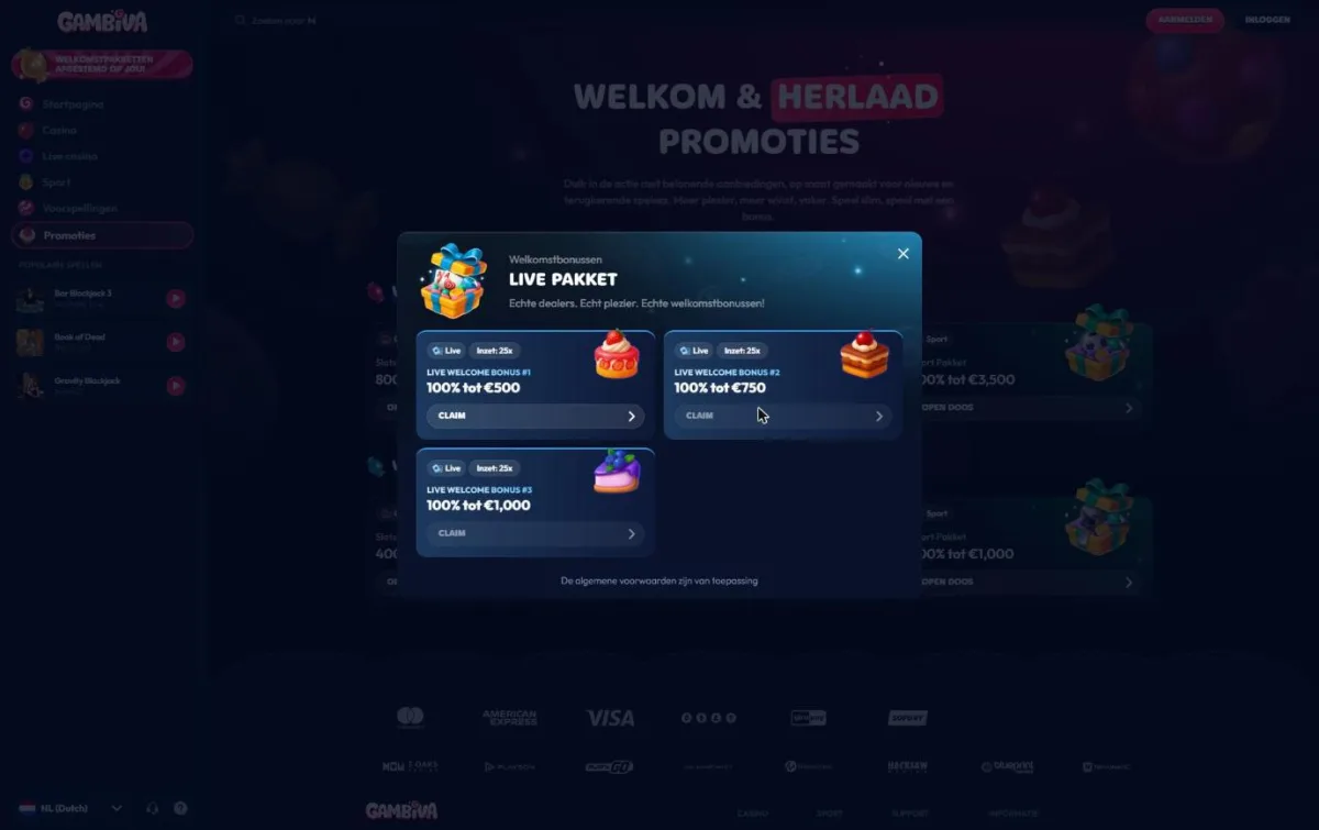 Live Pakket met drie live welkomstbonussen tot 2.250 euro