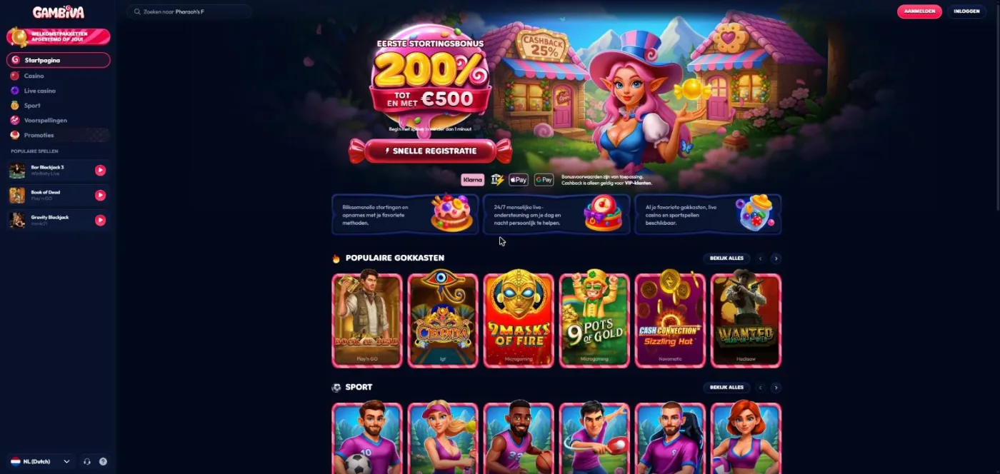Startpagina van Gambiva casino met de eerste stortingsbonus van 200%