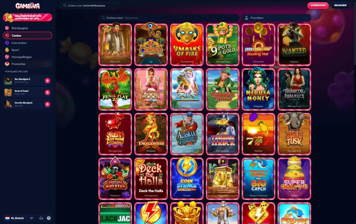 Casinolobby van Gambiva met zoekbalk en populaire gokkasten