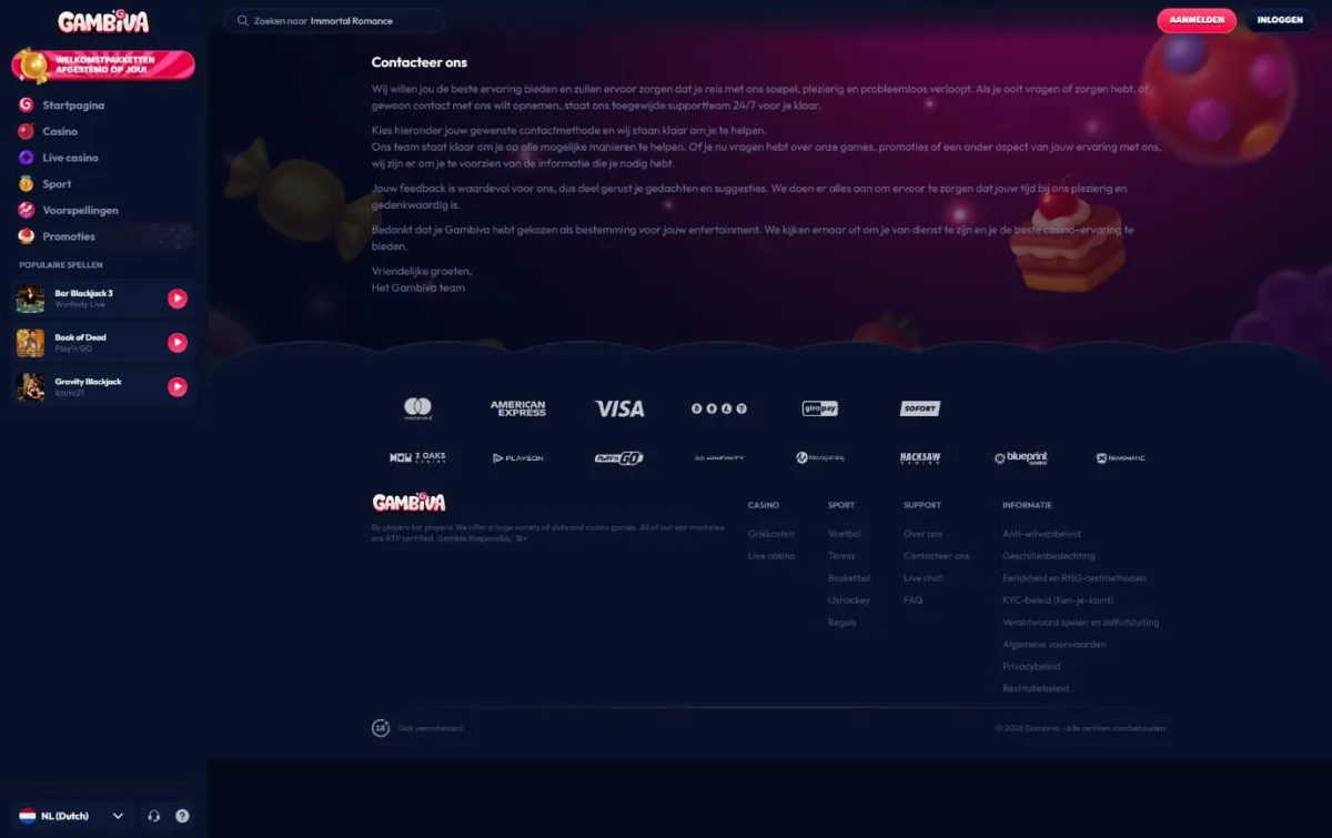 Contactpagina met live chat en e-mailadressen van de klantenservice