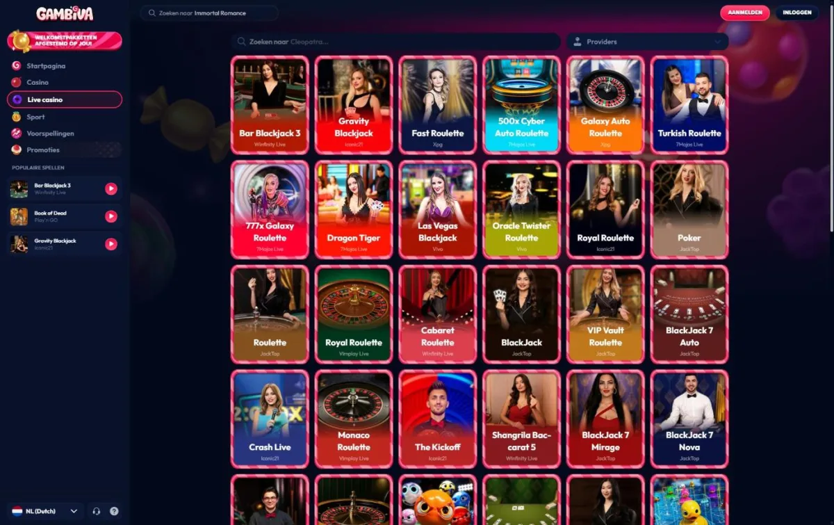Live casino lobby met roulette- en blackjacktafels