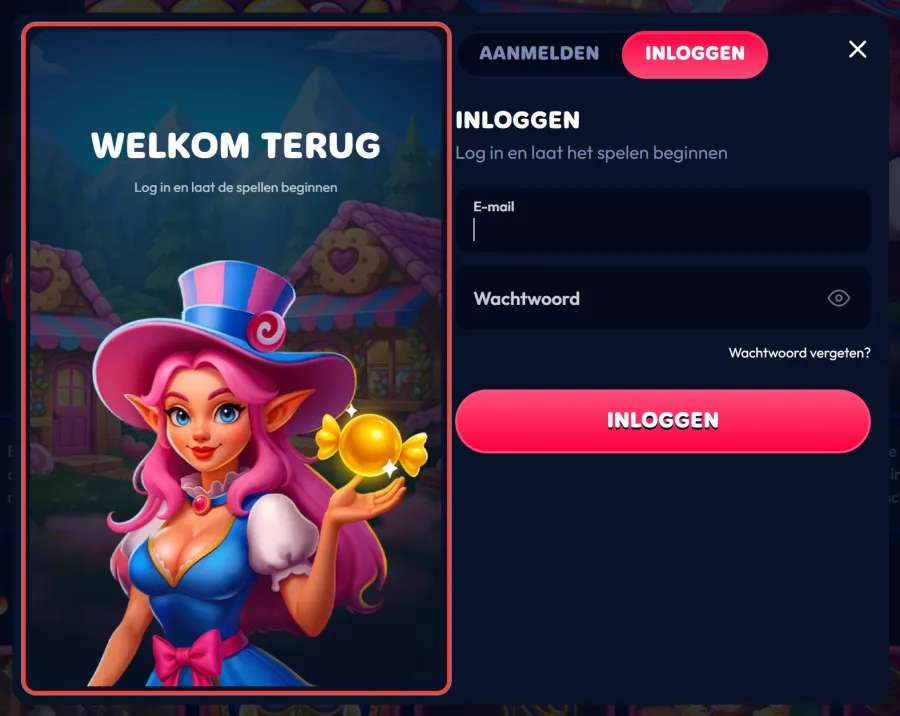 Inlogvenster Welkom terug met tabbladen Aanmelden en Inloggen