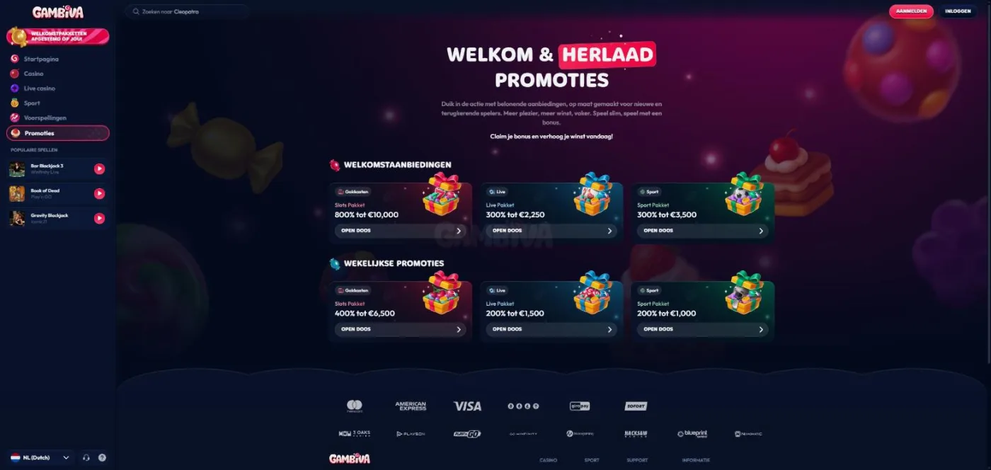 Promotiepagina Welkom en herlaad promoties met zes bonuspakketten