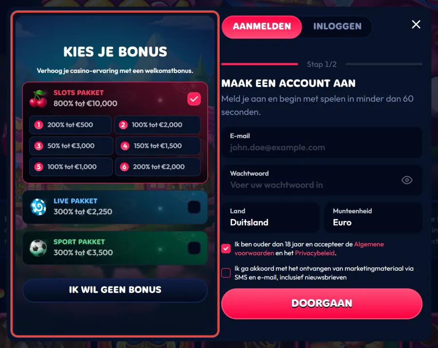 Panel Kies je bonus met Slots, Live en Sport Pakket in het registratievenster