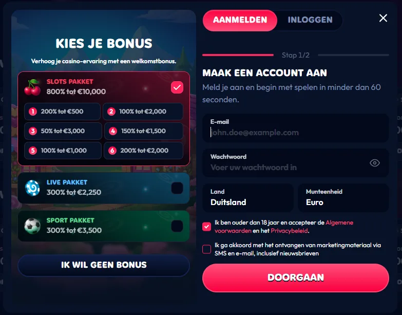 Registratie stap 1 met keuze uit Slots, Live en Sport Pakket