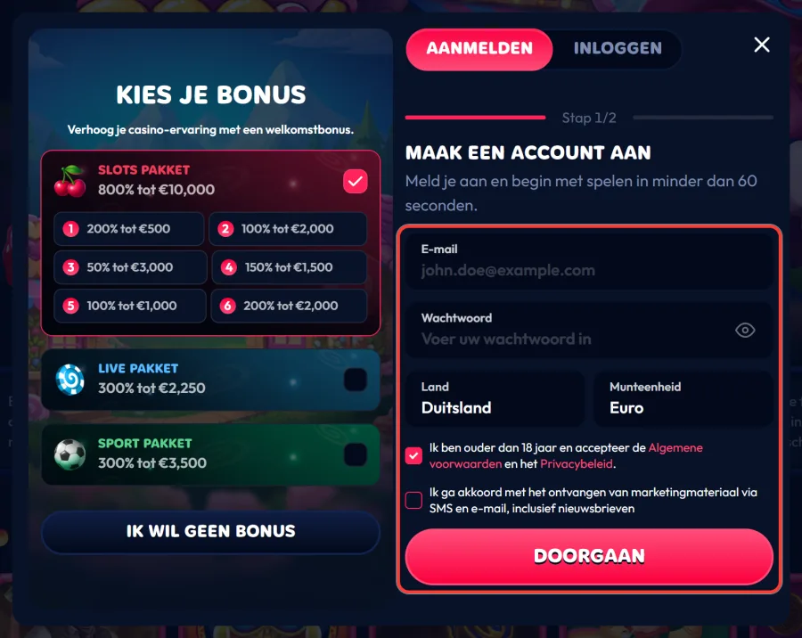 Velden voor e-mail, wachtwoord, land en valuta in stap 1 van de registratie