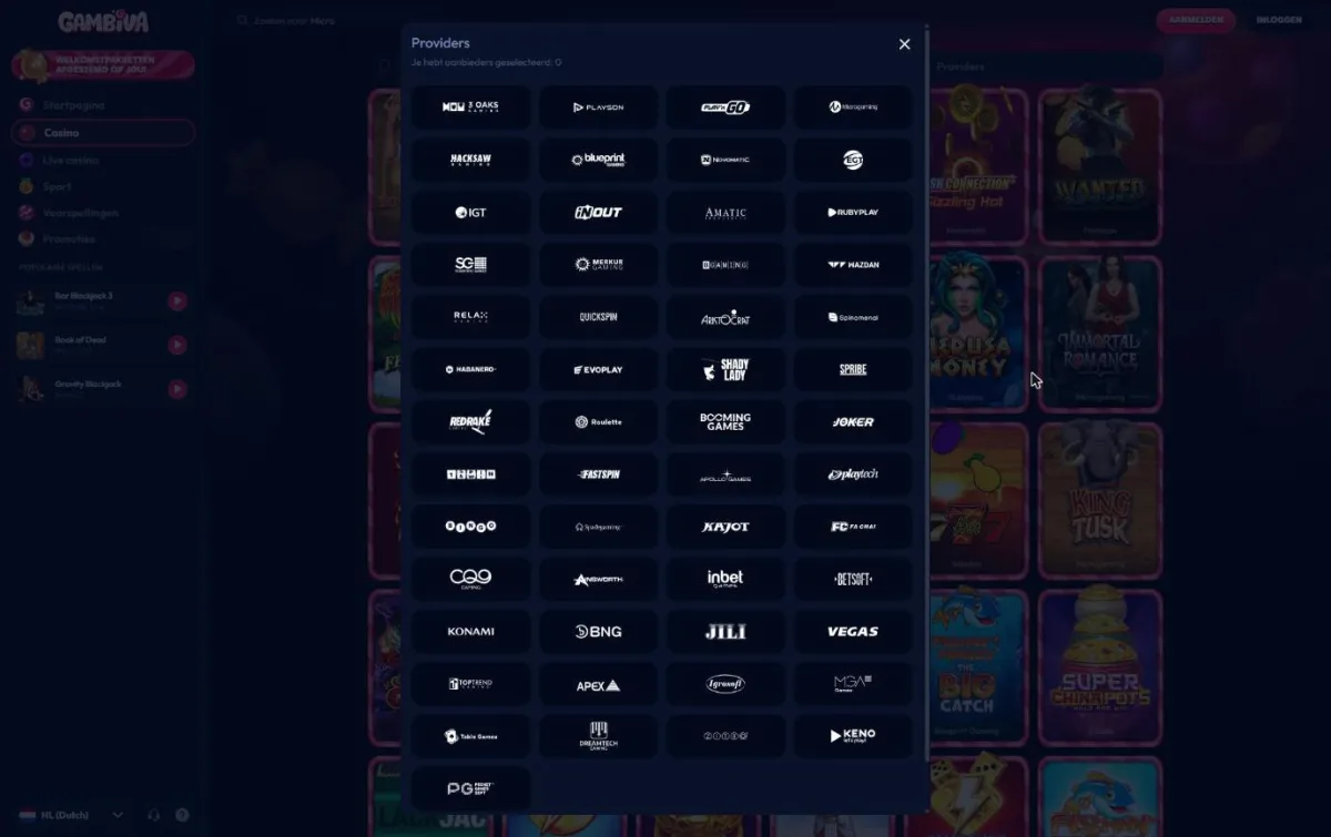 Overzicht van casinoproviders in de filter van de lobby